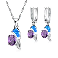 fashion geometric shape jewelry set for women imitation blue fire opal purple crystal pendant necklace earrings wedding jewelry