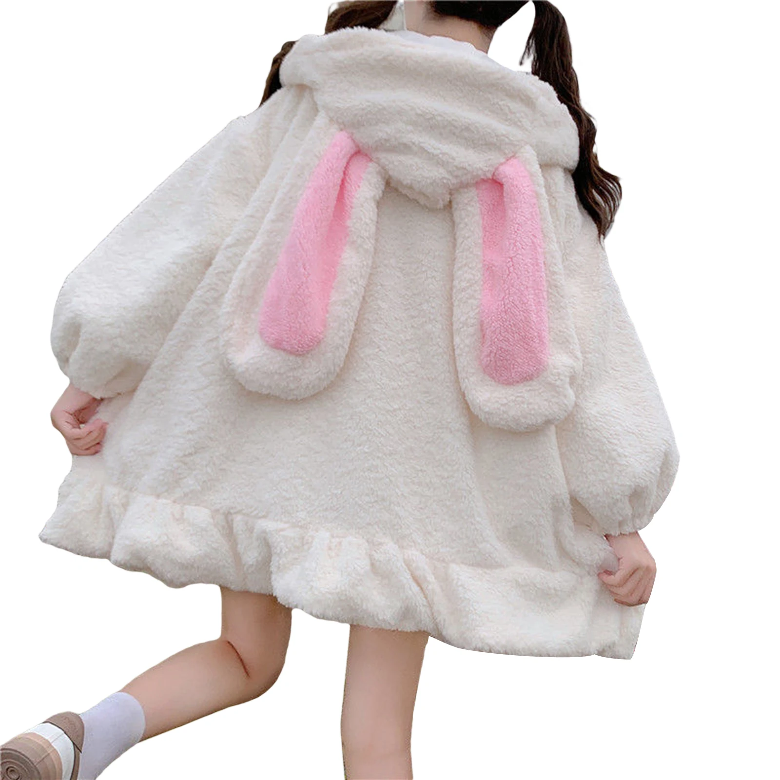 

Women Cute Bunny Ear Hoodie Adults Fuzzy Fluffy Long Sleeve Sweatshirt with/without Pom Poms