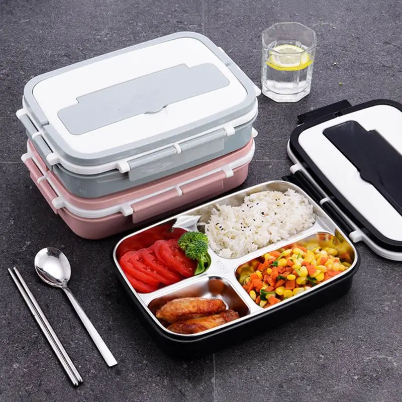 Запаянный герметичный Портативный Ланч-бокс двойной из нержавеющей стали 4 сетки