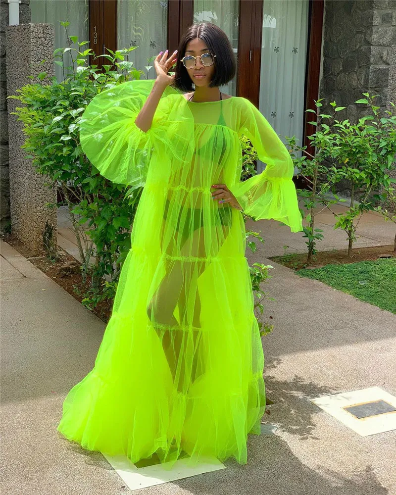 Неоново-Зеленая прозрачная сетчатая туника Пляжная накидка женское Прозрачное