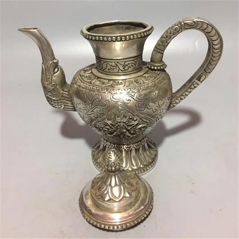 Китайская бронзовая резьба тибетский серебряный чайник с драконом статуя