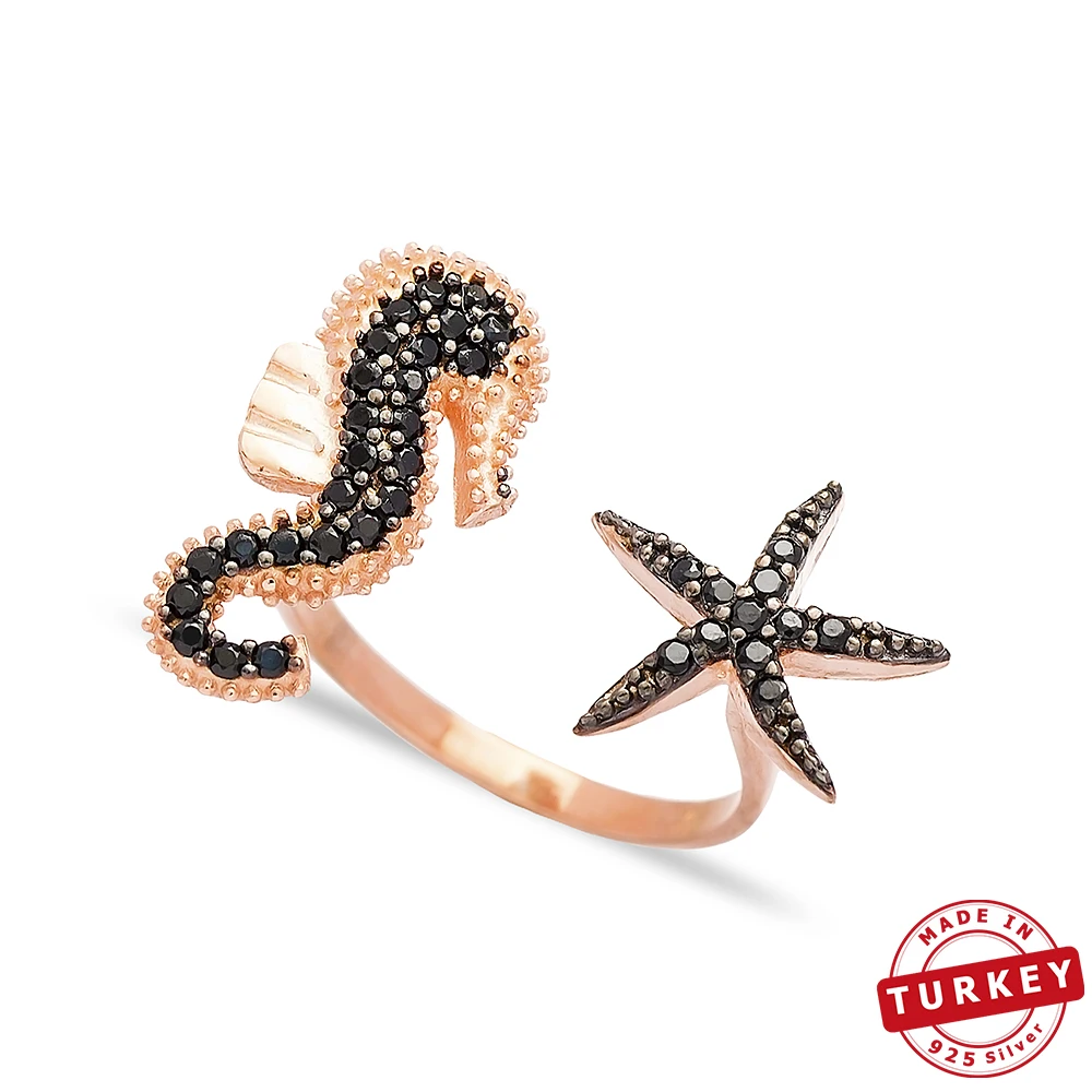 

SPENTA Silver Seahorse and Starfish Charm Design Turkish Handmade 925 Sterling Silver Adjustable Ring