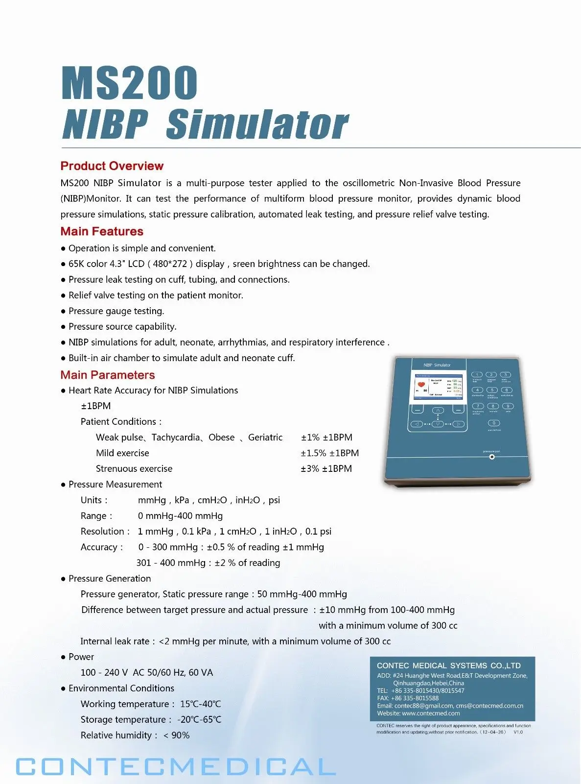 

CONTEC MS200 NIBP Simulator Non-Invasive Blood Pressure simulation COLOR LCD,New