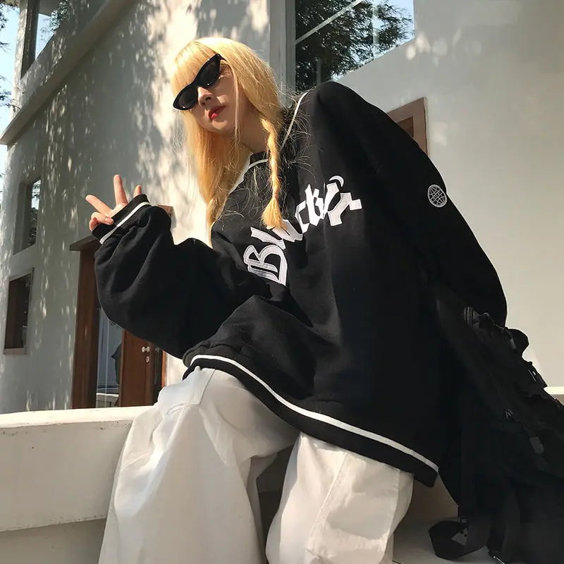 

Women Hoodies V-neck Pullover Tops Loose Long-sleeves Letter Fashion Female 2021 Hot Hit y2k Ins Casual All-match Top Clothing