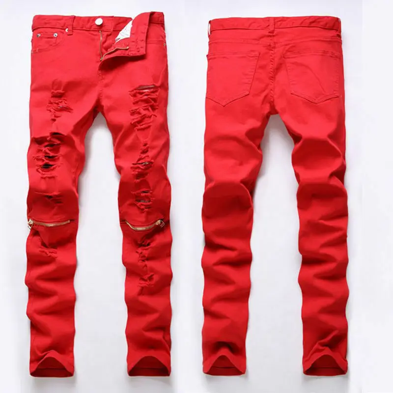 

New Arrival Fashion Boy Stylish Ripped Jeans Pants Biker Skinny Slim Straight Denim Trousers