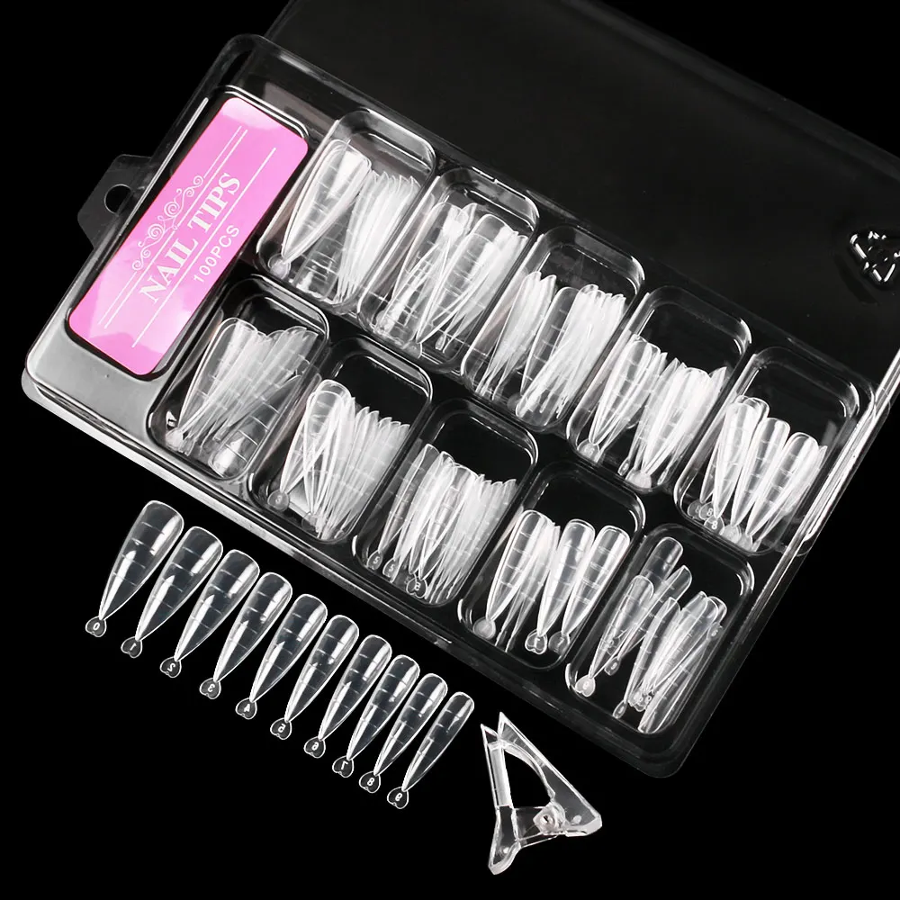 

100Pcs Transparent French Nail Art full Cover False Nails Acrylic UV Gel Extension Tips with Nail Clip Manicure Tool