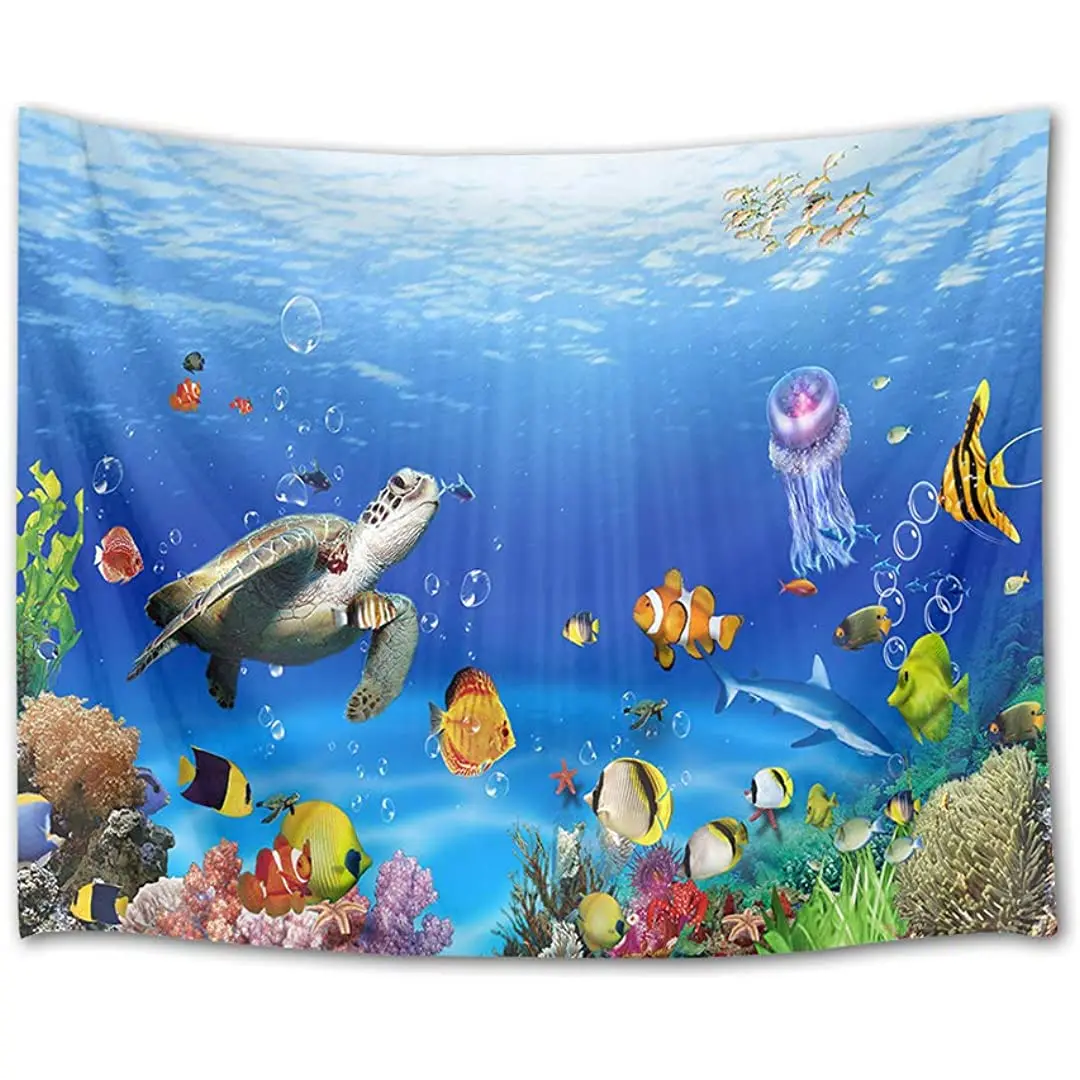 

Sea Turtle Tapestry Tropical Fish Jellyfish and Coral Reef Under Blue Sea Wall Hanging Blanket Ocean Tapestries