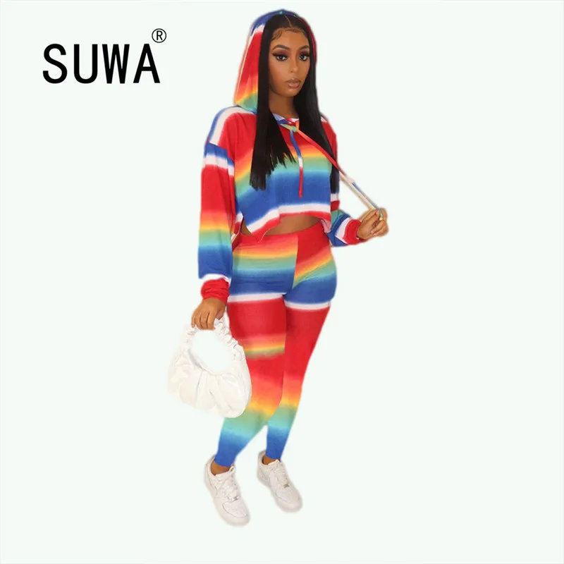 

Rainbow Striped Patch Tracksuit Two Piece Pants Set For Women Long Sleeve Sweatshirt Top Skinny Pencil Leggings Workout Clothes