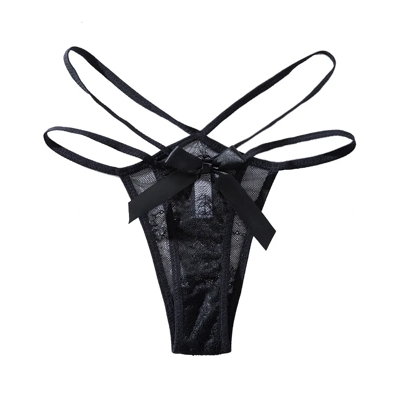 

New European and American Sexy Lace Hollow Lace-up Underwear Women's Ultra-thin Mesh See-through Lace-up Low-waist Thong Bow