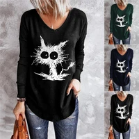 new womens spring and autumn fashion casual t shirt comfortable and loose v neck pullover bottoming long sleeved printed top