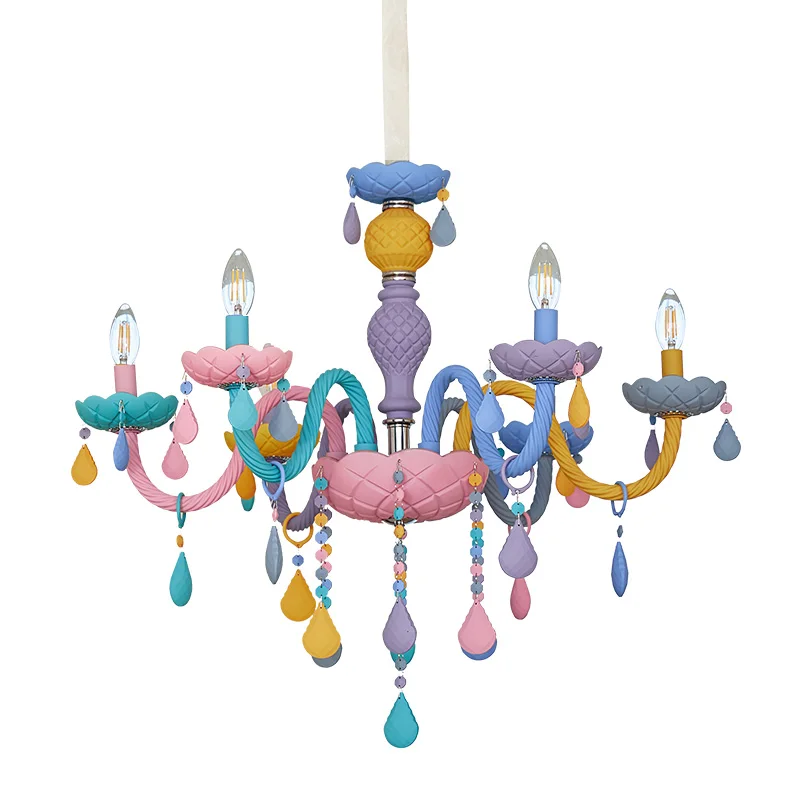 

2021 Rainbow Crystal Chandelier European Candle lustres Children's Bedroom Princess Makaron Lamps