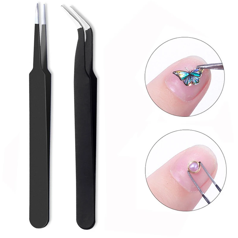 

Stainless Steel Eyelash Tweezers Black Nail Art Crystal Gem Pickers Curved Straight Eyeshadow Tweezers DIY Nail Art Tools