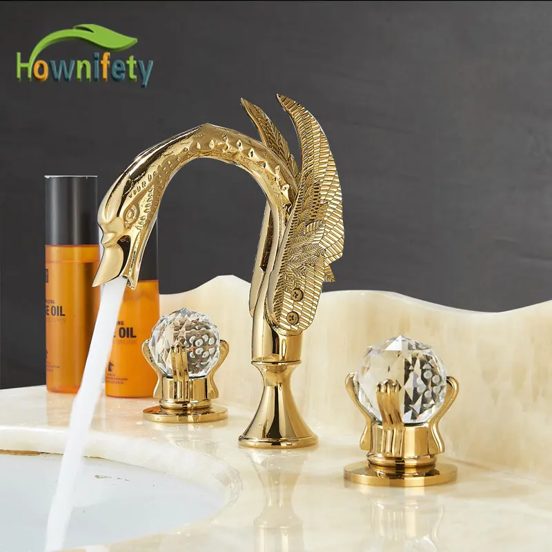 Лебедь золото никель кристалл ручки раковина кран горячей и холодной воды