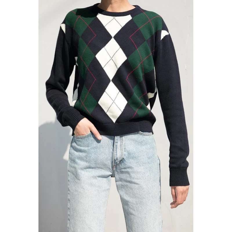 

Vintage Stylish Geometric Rhombic Pullover Sweater Women 2020 Fashion Spring and Autumn Long Sleeve Outerwear England Style Tops
