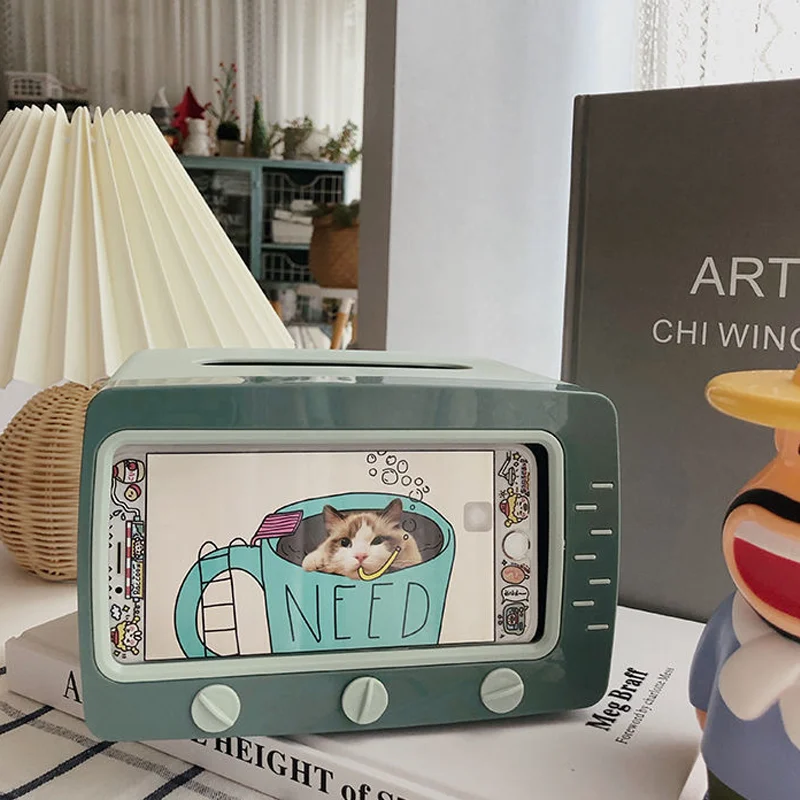 retro tv cute creative mobile phone holder multifunction desktop stand table paper tv tissue storage box accessories for iphone free global shipping