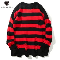 aolamegs sweater men striped hole knitted pullover couple casual baggy fashion full sleeve high street jumper autumn streetwear