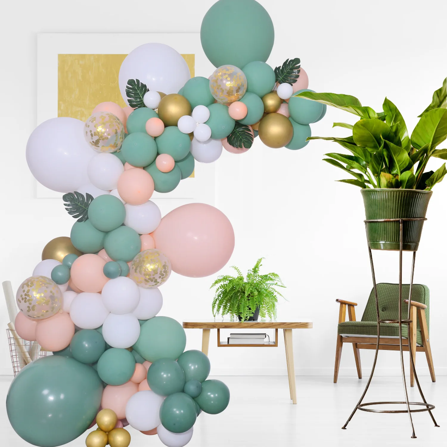 

Зеленая тема, воздушный шар, гирлянда, искусственная ладонь, золотистая фотография, аксессуары для дня рождения, фотография