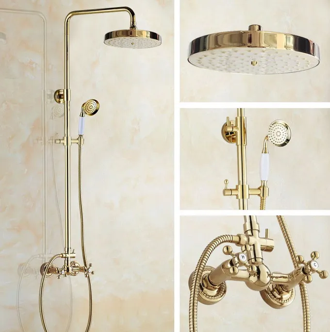 

Modern Golden Brass Wall Mounted Rain Bathroom Rainfall Shower Faucet Set with Hand Held Spray Shower Head Mixer Tap 2gf335