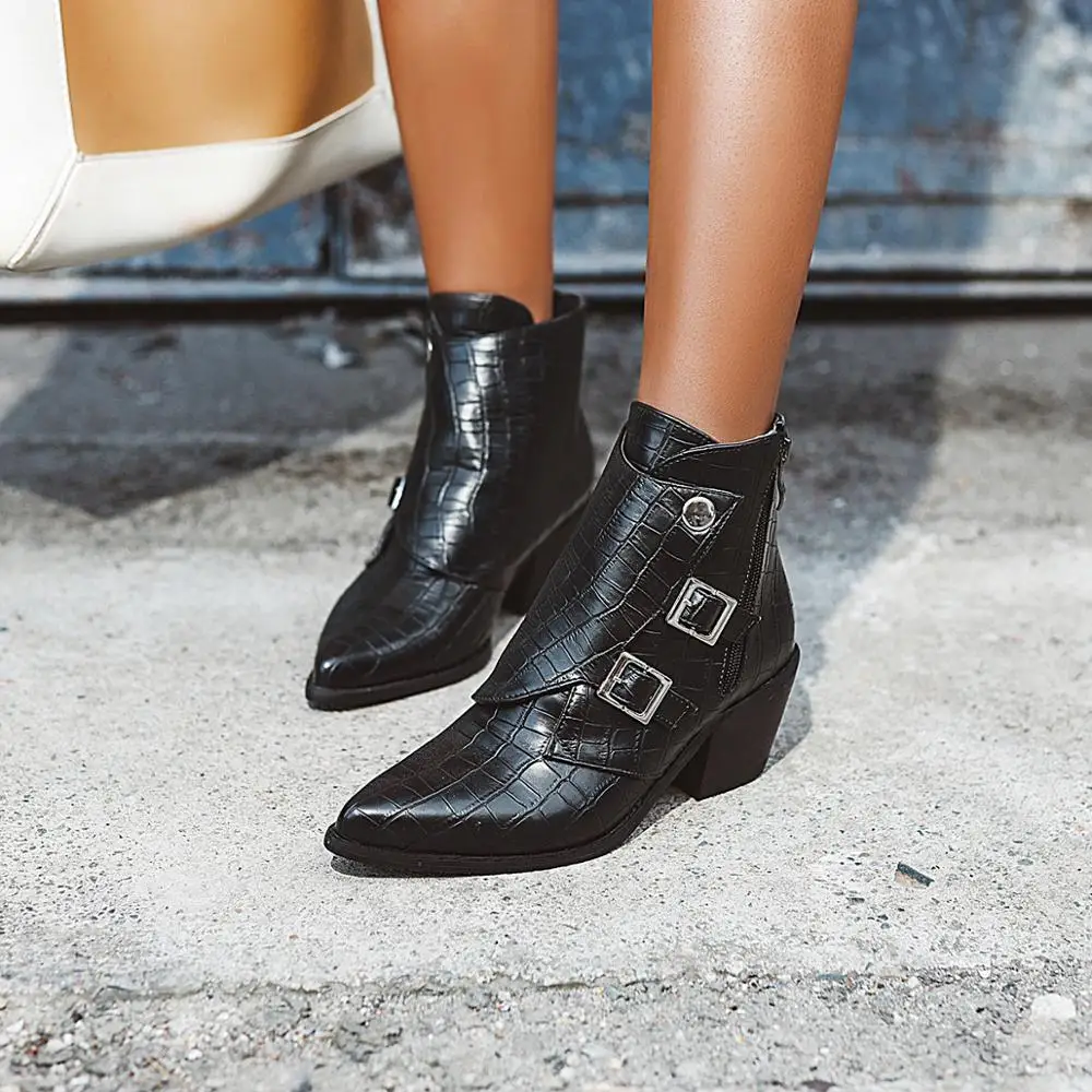 Женские ботильоны на высоком квадратном каблуке; botas zapatos mujer; зимняя кожаная обувь в стиле ретро; ботинки в ковбойском стиле; большие размеры