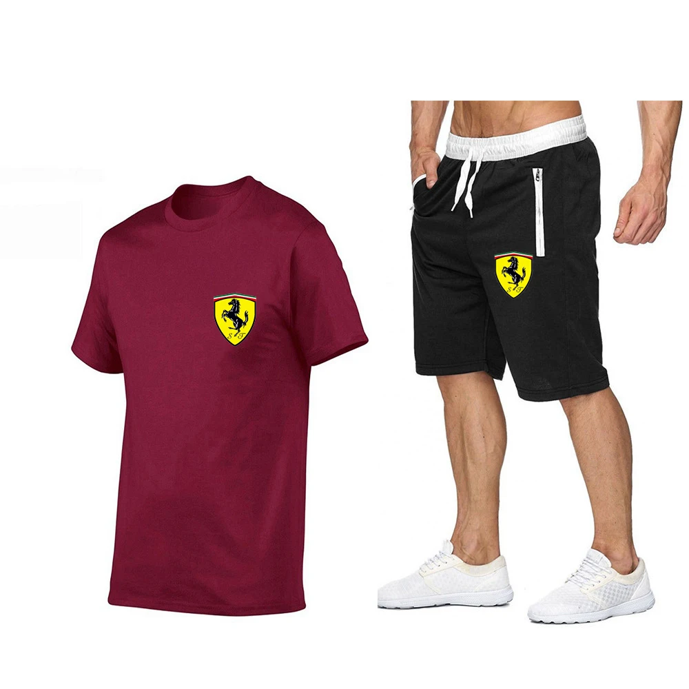 

Summer Men's T-shirt Set Ferrari Men's Sports T-shirt and Shorts Cotton Summer Fashion Casual Set Hot Sale 2021 New Arrivals