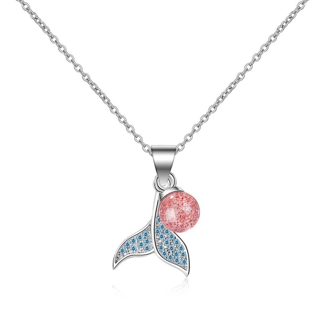 

Mermaid Dolphin Pendant Female Clavicle Chain 925 Sterling Silver Fashion Jewelry Strawberry Crystal Pink Peach Blossom Necklace
