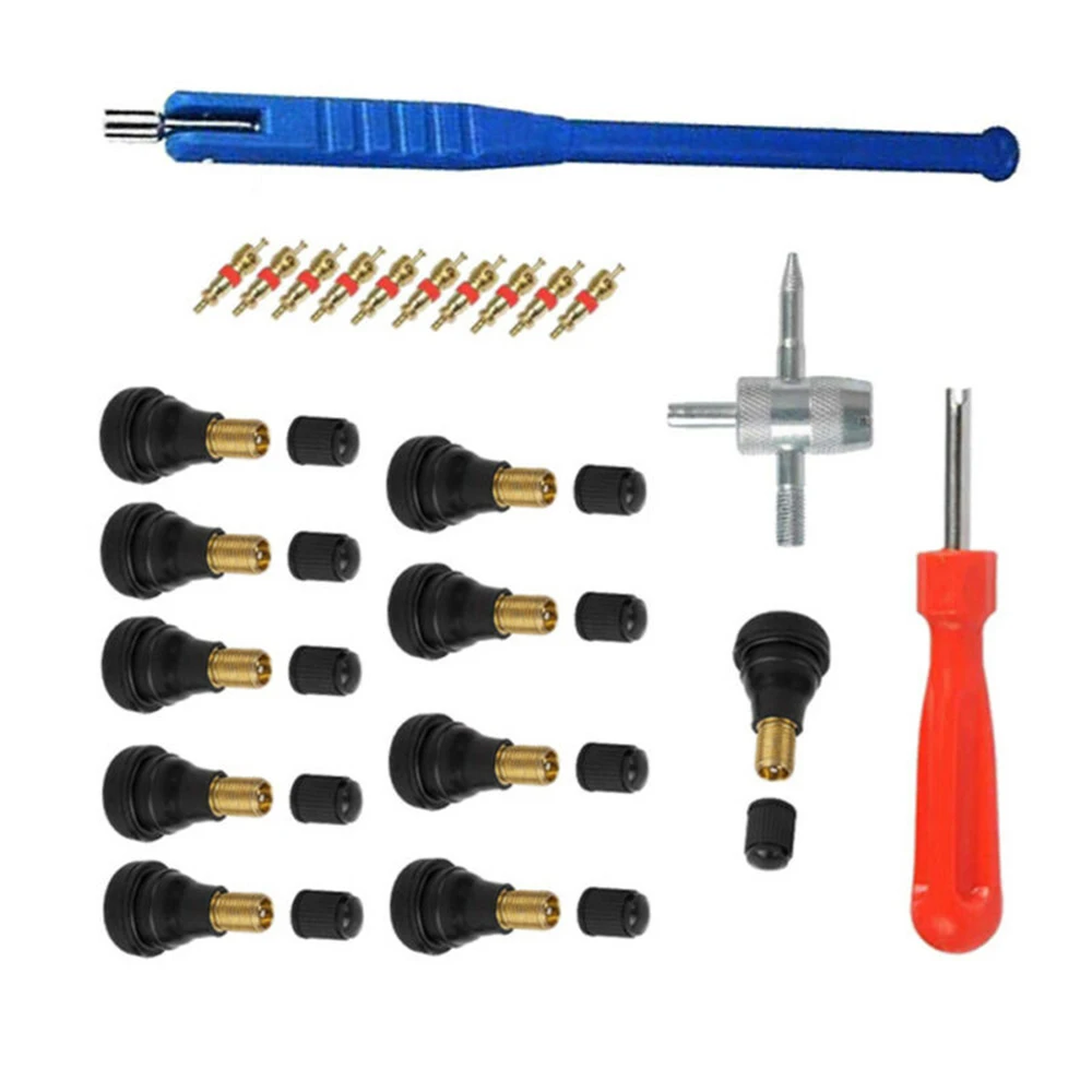 

10pcs Valve Cores With TR412 Valve Stems Plastic Handle+iron Rod Auto Repair Tool Kit Valve Core Remover