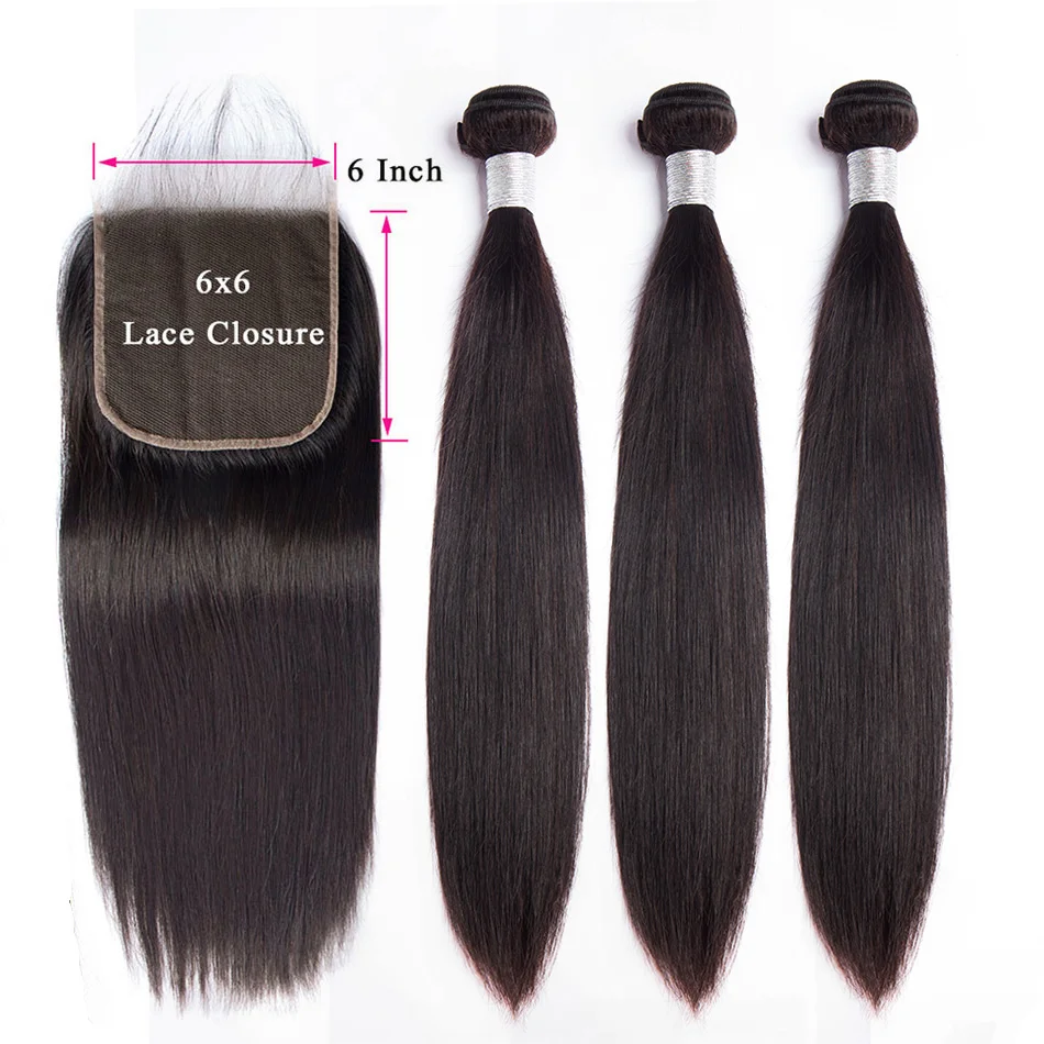 Прямые волосы пучок с 6x6 кружева бразильские закрытием переплетения Remy Alibele