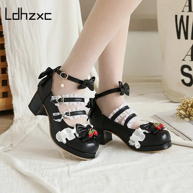 

LDHZXC 2021 New Black Square Heels Shoes Women Pumps Fashion Pu Leather Platform Shoes Woman Round Toe Mary Jane Shoes Mujer