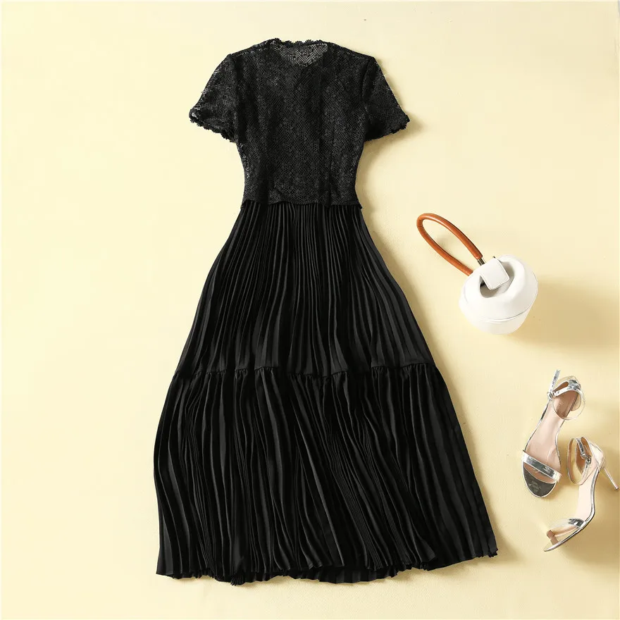 

Women European High Street Runway Black Draped Dress Lady Short Sleeve Embroidery Cutout Ankle Length Festa Vestidos