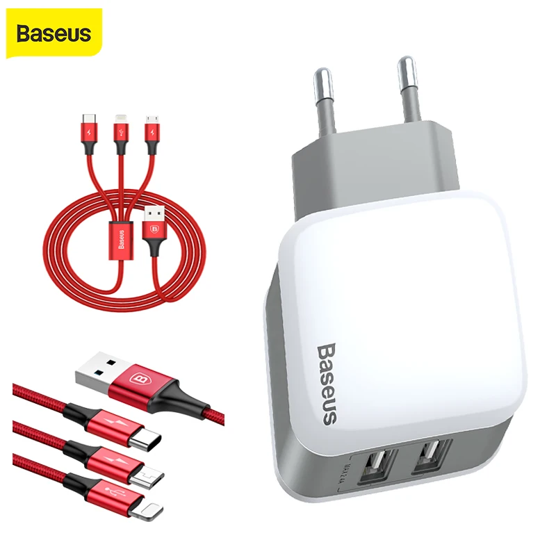 Baseus USB зарядное устройство Lighting + Micro Type C кабель для зарядки 2.4A универсальное