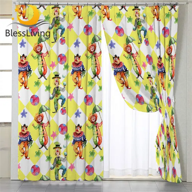 BlessLiving Clowns Blackout Curtain Watercolor Bedroom Curtain Ball and Umbrella Window Curtain Yellow and White Cube Gardinen 1