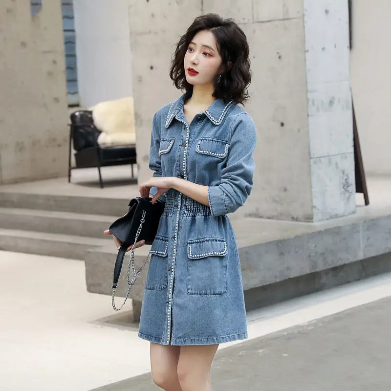 

Vintage Beading Pleated Denim Shirt Dress 2020 New Spring Autumn Temperament Slim Casual Fashionable Dress Cowboy Vestidos K1027