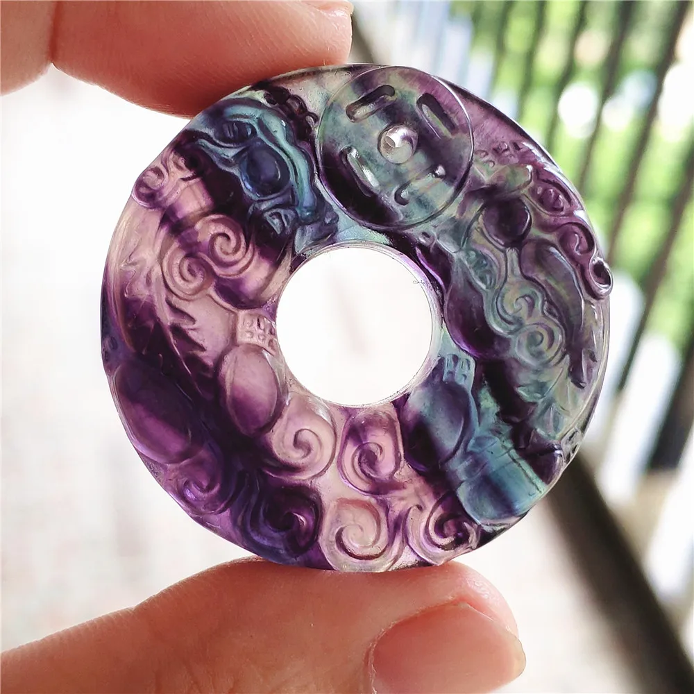 

Genuine Natural Colorful Fluorite Quartz Pendant Women 38x9mm Big Pi Xiu Round Carved Fluorite Necklace Jewelry AAAAA