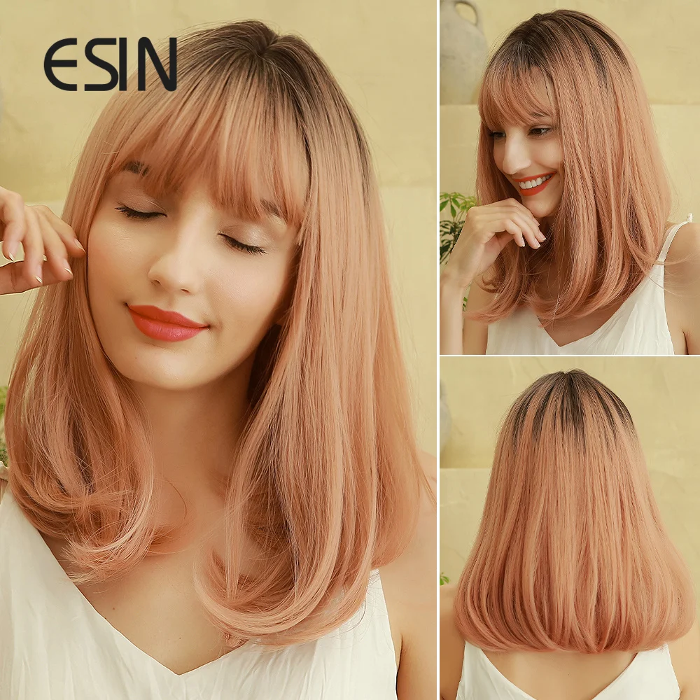 

ESIN Medium Long Straight Dark Root Ombre Brown Wig with Bangs Cosplay INS Synthetic Wigs for Women Heat Resistant Hair