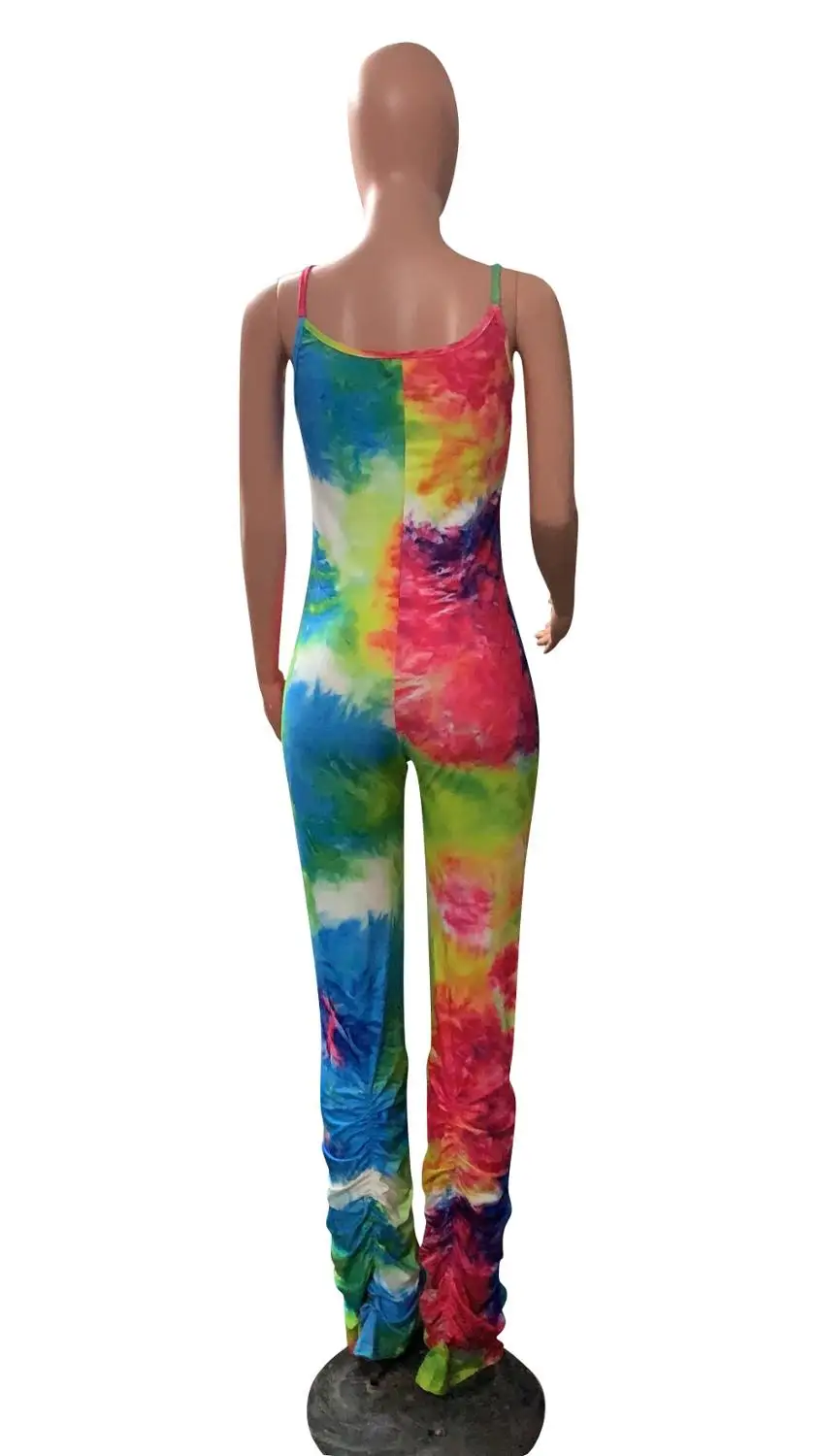 

Casual Neon Color Patchwork Spaghetti Strap Backless Night Party Jumpsuit Women Outfit Streetwear Rompers Flare Pants Playsuit