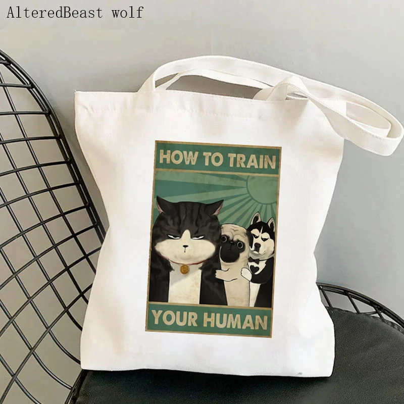 

Women Shopper bag CAT AND DOG HOW TO TRAIN YOUR HUMAN Bag Harajuku Shopping Canvas Shopper girl handbag Tote Shoulder Lady Bag