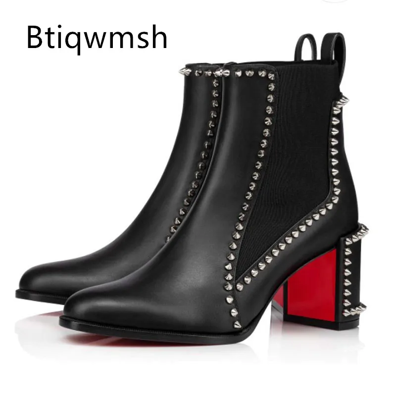 

Chic Design Ankle Boots Woman Round Toe Silver Rivet Cow Leather High Heels Shoes Woman Fashion Chelsea Boots