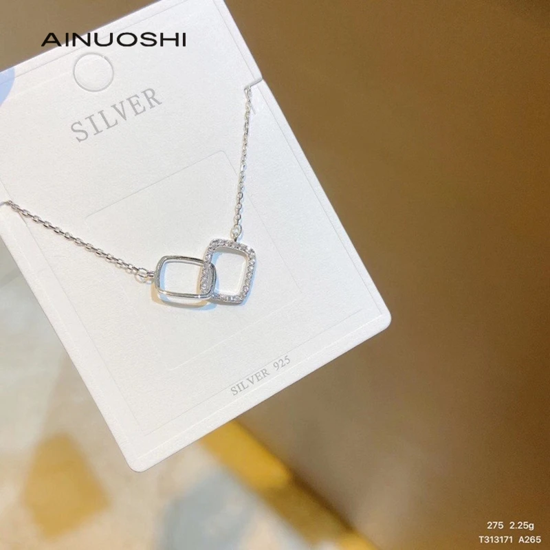 

AINUOSHI New 925 Sterling Silver Shiny Rectangle Double Zircon Circle CZ Zirconia Necklaces Pendants Gift For Girl Choker collar