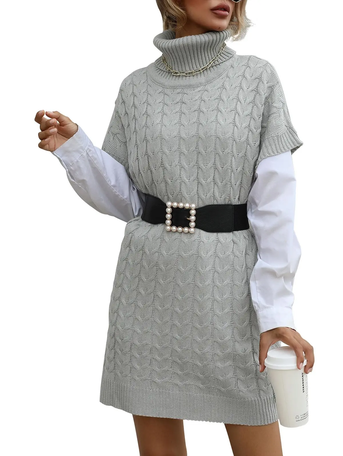 

Roll Neck Cable Knit Short Sleeve Sweater Dress