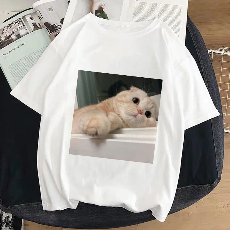 Футболка женская белая с принтом кошки Y2k |