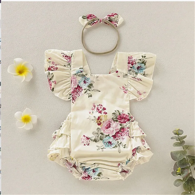 

Newborn Toddler Baby Girl Romper Clothes Ruffles Sleeve Floral Romper Infant Baby Girl Backless Cotton Jumpsuit Headband Outfits