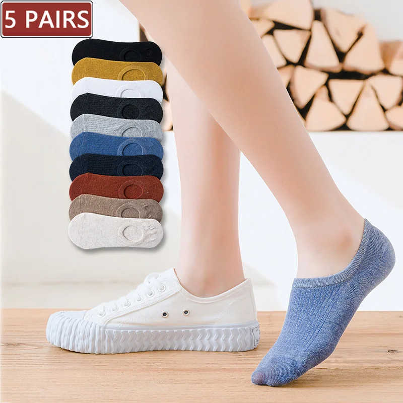 

5 Pairs Women's silicone non-slip invisible socks Summer solid color Ankle Boat Socks female soft Cotton slipper socks 35-40 EUR