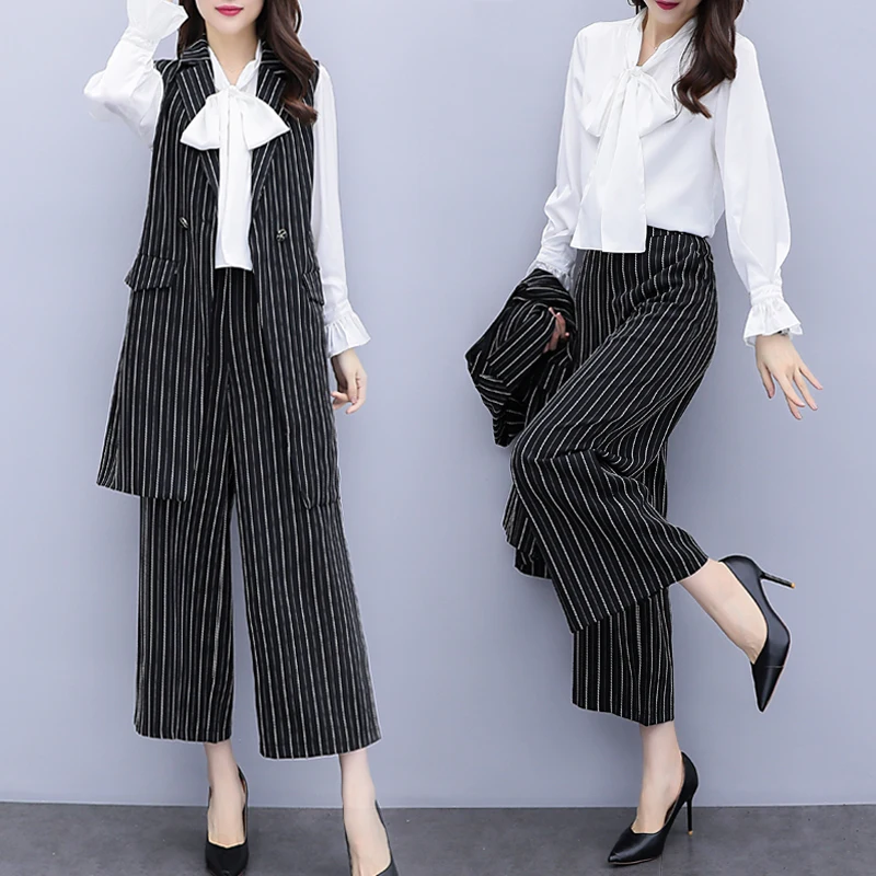 

2021 Spring autumn new striped suit large size slim three-piece set fashion top+vest+pants set year-old female costume