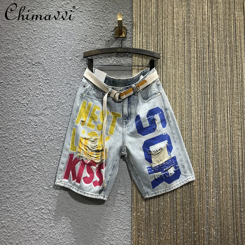 

Ripped Cool Jeans Women's 2021 Summer New Straight Painted Wide Leg Denim Pants Letters Five Point Shorts Ripped Jeans