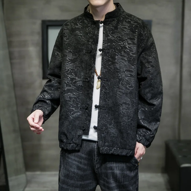 Куртка мужская оверсайз однотонная с драконом жаккардовая