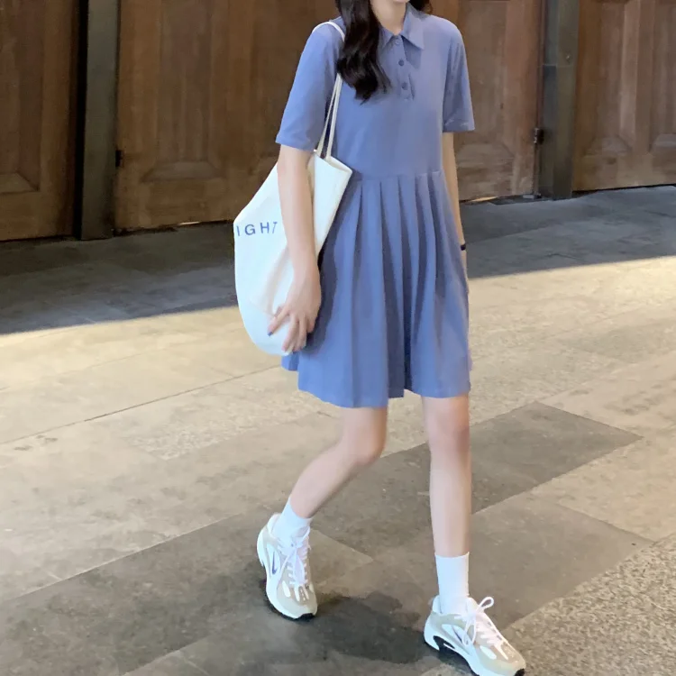 

HENCHIRY New Summer Skirt Women's Casual Trend Fashion Short Sleeve Versatile Pleated Dress Loose Polo Collar Draped Thin Plus