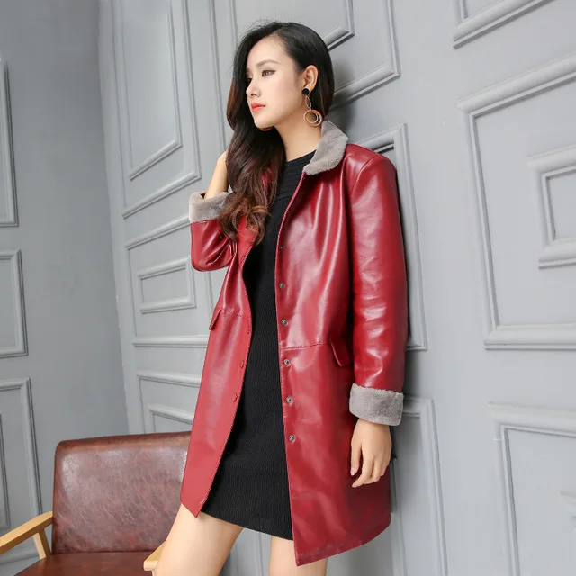 Office Ladies Faux Fur Turn Down Collar Faux Leather Jacket Coat big Size 4XL 5XL Womens Pu Lether Jackets Black Red Army Green