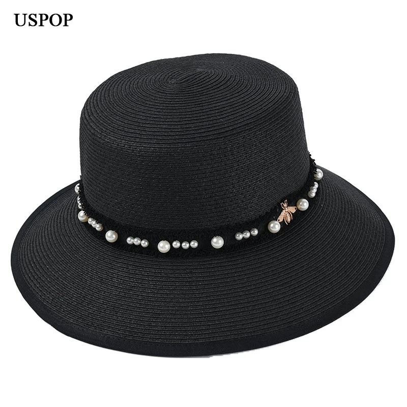 

Шляпа от солнца USPOP Женская, модная пляжная Соломенная Панама с жемчужинами и пчелами, для летнего сезона