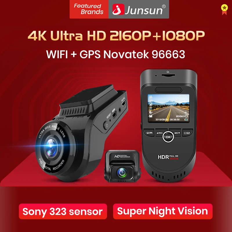 Junsun S590 WiFi 4K видеорегистраторы автомобильные Ultra HD 2160P 60fps gps ADAS авторегистратор камера рекордер sony 323 камера заднего вида 1080P ночное видение