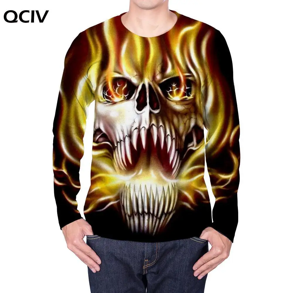

QCIV Brand Skull Long sleeve T shirt Men Flame Hip hop Skeleton long sleeve shirt Party T-shirt Mens Clothing Casual Streetwear